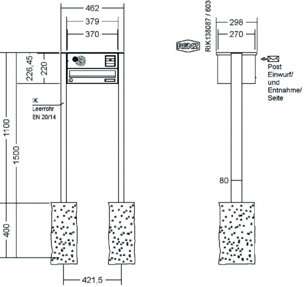 RENZ Briefkastenanlage freistehend, Basic B, Edelstahl V4A, Kastenformat 370x110x270mm, mit Klingel - & Lichttaster und Vorbereitung Gegensprechanlage, 1-teilig, zum Einbetonieren